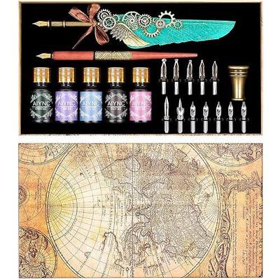 Feather Calligraphy Pen Ink Set, Mechanical Feather Pen and Wooden Dip Pen, 5 Colors of Ink, 12 Replacement Nibs, Pen Holder, Envelope and Letter Paper (Green)