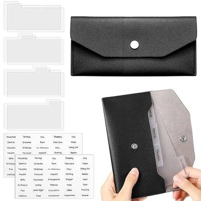 Frienda Cash Envelope Wallet PU Leather 7 x 3.5 Inch Reusable Budget Money Pouch Envelope Organizer 8 Cash Dividers 2 Sheets Category Sticker Labels for Wallets Bill Planner(Black Wallet,Classic)