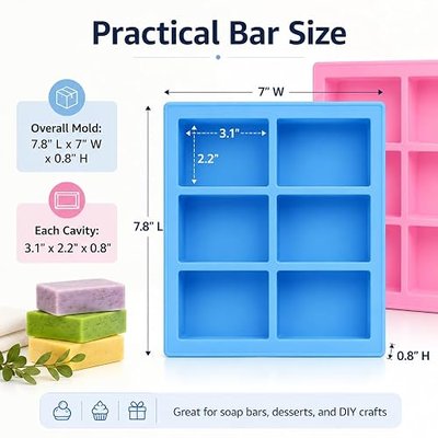 3 Pack Rectangle Silicone Soap Molds, 18 Cavities Total, 6 Cavity Soap Making Mold for Melt and Pour Soap, Homemade Soap Bars, Pudding, Jelly, Brownies, Chocolate, Easy Release Silicone Baking Mold