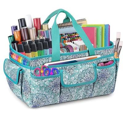 FINPAC Craft Storage Tote Bag with Pockets, Scrapbooking Carrying Case | Storage Caddy with Handle for Sewing, Art, Desktop, Baby Care Supplies, Emerald Illusions