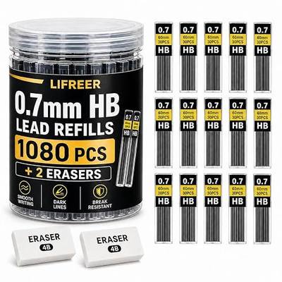 0.7 Lead Refills (1080 Pcs), Unbreakable 0.7 mm Lead Refills and 2 Premium Erasers, Long Lasting HB Pencil Lead 0.7 Refill,Mechanical Pencil Lead 0.7mm for Students & Professionals