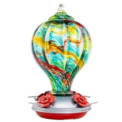 Muse Garden Hummingbird Feeders Blown Glass Hummingbird Feeder, Garden Backyard Decor for Outside, 32OZ, Rainbow Spirit