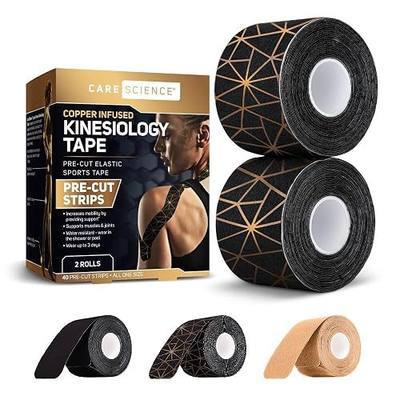 Care Science Copper Infused Kinesiology Tape, 40 Precut Strips, 2 Rolls | Elastic Sports & Weightlifting Tape Supports Muscles & Joints. Water Resistant.