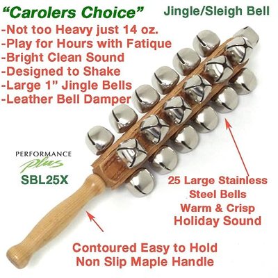 Sleigh Bells- Professional-Single 25 Nickel Plated Jingle Bells-Four Rows with 13 1/2" Hard Rock Maple Handle, Performance Plus (SBL25X)