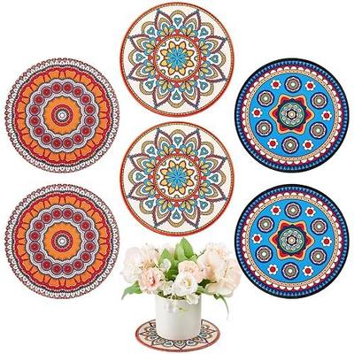 Nuanchu 6 Pieces Boho Plant Coasters 5.9 Inch Rubber Absorbent Non Slip Plant Pot Mats for Gardening Indoor Outdoor Round Bohemian Mandala Decorative Plants Saucers for Table Floor Protection Home