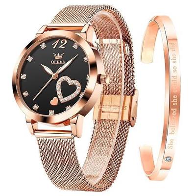 OLEVS Rose Gold Watch for Women Mesh Strap Fashion Dress Hearts Japanese Quartz Waterproof Luminous Ladies Watches Bracelet Sets