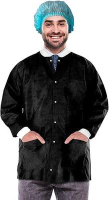 EZGOODZ Disposable Lab Jackets, Black Small 29 Inches Long SMS 50 GSM Hip Length Lab Jackets with Snap Front, Knit Cuffs and Collar, 3 Pockets, Pack of 10