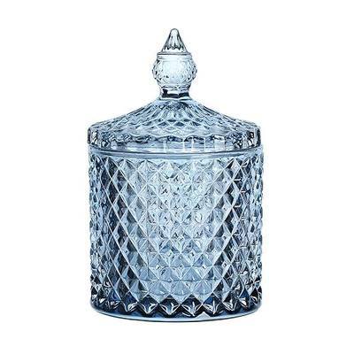 Sizikato Diamond Faceted Crystal Glass Candy Jar with Lid, Blue Decorative Jar, Jewelry Box, Cotton Swab Storage Holder.