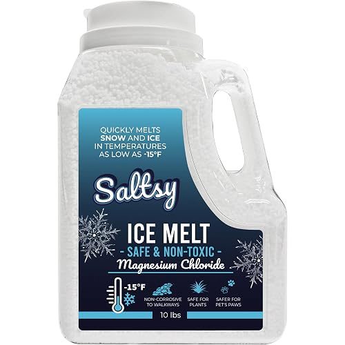Saltsy Ice Melt - 10 lbs Shaker Jug - Pet-Safe Magnesium Chloride Pellets for Walkways, Driveways, Etc - Round Pellets Act Fast & Maximize Melting - 2X Melting Power vs Rock Salt -Use w Salt Spreaders