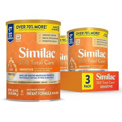 Similac 360 Total Care Sensitive Infant Formula for Fussiness & Gas Due to Lactose Sensitivity, Has 5 HMO Prebiotics, Baby Formula Powder, 34.9-oz Value Can, Pack of 3
