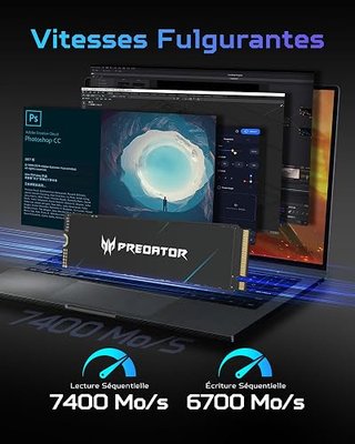 Predator M.2 SSD 2TB GM7000 with DRAM cache NVMe 1.4 2280 PCIe Gen4×4 Ultra high speed (maximum read: 7400MB/s, max write: 6700MB/s) 3D NAND TLC Internal SSD Compatible with PS5 Pro - BL.9BWWR.106