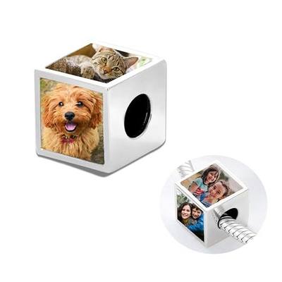 LONAGO Personalized Four-Sided Three-Sided Two-Sided Photo Charm 925 Sterling Silver Customized Bead Holds 2/3/4 Images Pictures Fit Snake Bracelet for Women