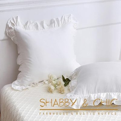 2 Pack White Ruffle Large Square Euro Pillow Sham Covers 26"x26" | 100% Cotton, 2-layer Ruffle Trim, Zipper Closure, French Countryside Farmhouse Style, Decorative Bed Pillow Shams