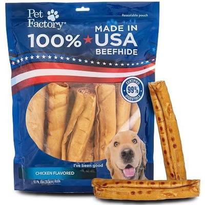 Pet Factory 100% Made in USA Beefhide 8" Rolls Dog Chew Treats - Chicken Flavor, 15 Count/1 Pack