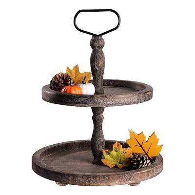 Mustry Rustic Wooden 2-Tier Tray Stand for Farmhouse Kitchen & Home Decor | Sturdy Wood & Metal Frame, Space-Saving Two Tier Tray, Display & Organize Décor, Easy Carry, Tool-Free Easy Assembly, Brown