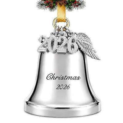FKOG Silver 2026 Christmas Bell & Sleigh Bell Ornament with Angel Wings Wedding Anniversary Newlywed Married Memories Decoration Gifts (2026 Christmas Bell and Sleigh Bell)