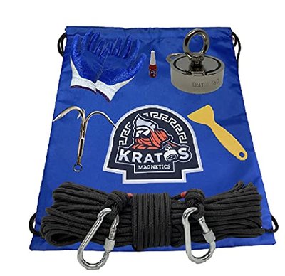 1,100 Pounds Combined Pull-Force - The 1100 Double Sided Classic Magnet Fishing Kit - Gloves, Rope, 2 Carabiners, Hook, Bag, Threadlocker, Scraper, and an 1100 Magnet