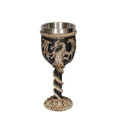 Stainless Steel Medieval Dragon Chalice Goblet, Gothic Dragon Skeleton Ossuary Wine Cups 7oz.
