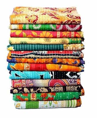 Indian Vintage Handmade Kantha Quilts Tribal Kantha Cotton Bed Cover Throw Assorted Patches Made Rally Reversible Bedspread Throw Old Sari Assorted Patches Indian Blanket(10 PCS)