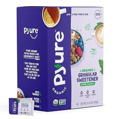Pyure Organic Stevia Packets | Zero Calorie Sweetener for Coffee, and Baking | Granulated Stevia Sugar Substitute | Plant-Based, Keto, Diabetic & Paleo Friendly | USDA Organic, Non-GMO | 240 Packets