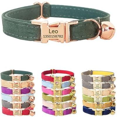 PETDURO Personalized Velvet Cat Collar Green with Bell - Engraved Rose Gold Metal Buckle with Name & Phone ID - Fancy, Soft, Adjustable for Boy Girl Cats & Kittens - Optional Bow Tie