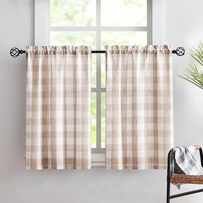 Treatmentex Plaid Country Kitchen Curtains 24inch Taupe Tier Curtain Set for Basement Laundry Small Windows Semi Sheer Bathroom Window Curtains 27" W x 2 Pcs