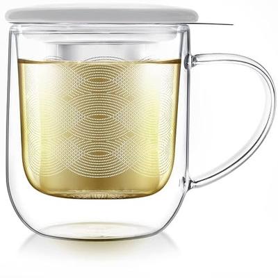 Teabloom Tea-For-One Steeping Mug – Insulated Double Wall Glass Mug (12 oz), Stainless Steel Infuser, Porcelain Lid/Coaster – Radiance Brewing Mug