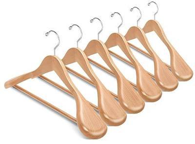 Amber Home 6 Pack Wide Shoulder Wooden Suit Hangers, Natural Wood Coat Hangers with Non Slip Pants Bar, Clothes Hangers for Jackets, Sweaters, Pants & Heavy Clothes (Natural)