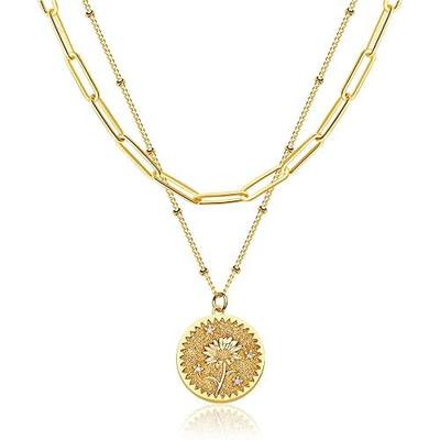 Layered Birth Flower Necklace for Women 18K Gold Plated Double Layered Engraved Custom Floral Pendant Dainty Birth Month Flower Disc Coin Necklaces Personalized Jewelry