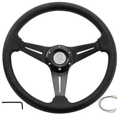 Racing/Golf Cart Steering Wheel Universal Fit Car and Club Car DS &Precedent EZGO Yamaha Golf cart 13.8”/350mm 6 Bolts Grip Vinyl Leather & Aluminum with Horn Button (Black)