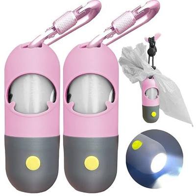 Dog Poop Bag Dispenser with Built-in LED Flashlight and Metal Clip for Leash, 2 PCS Pet Waste Bag Holder, Dog Walking Accessory (Pink)