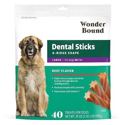 Amazon Brand - Wonder Bound Beef Flavor Dental Sticks for Large Dogs (Over 30 lbs), 6-Ridge Shape for Plaque & Tartar Control, Freshens Breath, Formulated with Vitamin C, 40 Count (Pack of 1)