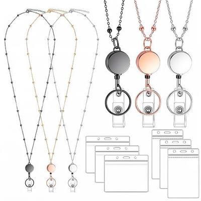 3 Pack Badge Lanyards with Retractable Reels and 6 ID Holders | Stainless steel beaded lanyards, 33.5 in length, 13.5 in retractable reel, waterproof vertical & horizontal holders