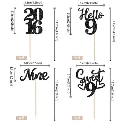 24 PCS Black 9th Birthday Cupcake Toppers Glitter Hello 9 Nine Cupcake Picks Sweet 9 Since 2016 Cupcake Topper for Happy 9th Birthday Anniversary Party Cake Decorations Supplies