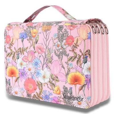 200 Slots Colored Pencil Case with Zipper Closure Large Capacity Butterflies and Bicycles Pattern Pencils Bag Waterproof Fabric Pen Organizer Storage Holder for Artist Pink Flower