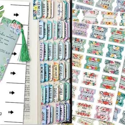 Spanish Bible Index Tabs New & Old Testament Tabs Matte Laminated Floral Design, Bible Journaling Supplies - 122 Pcs (Floral)