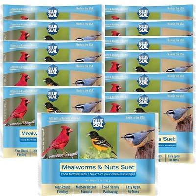 Blue Seal Mealworms & Nuts Suet Cakes for Wild Birds - No Mess Suet Feed, Food for Woodpeckers, Cardinals, Siskins, Sparrows & More - 11oz Suet Feeder, Bird Seed Cakes (Pack of 12)