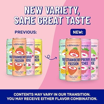 wildwonder Classic Variety Sparkling Probiotic Drink, 12 Pack | Gut health & immune support | 5g prebiotic fiber | Live probiotics | 4 bold flavors | Organic, vegan, low sugar | Shark Tank