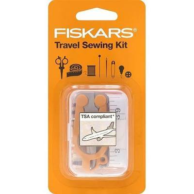 Fiskars Compact Travel Sewing Kit, TSA compliant Folding Scissors, 27-Piece Repair Set for Buttons and Hemming, Threads, Needles, 39” Measuring Tape, Small Size for Purses and Carry on, Orange