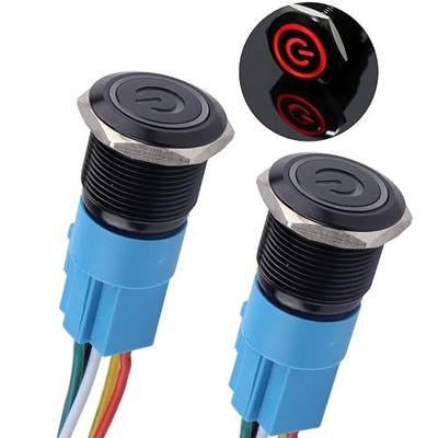 2Pcs 19mm Latching Push Button Switch 12V-24V ON/Off 1NO 1NC Waterproof IP66 Black Metal Shell with Wire Socket for 3/4’’ Mounting Hole Power Symbol Light (Red LED)