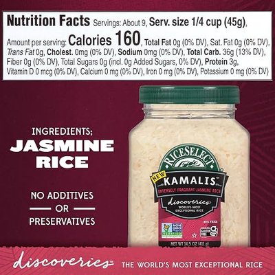 RiceSelect Discoveries Kamalis Intensely Fragrant Jasmine Rice, Gluten-Free, Non-GMO, Vegan, 14.5 Ounce Jar