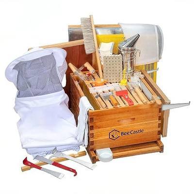 BeeCastle 10-Frame Bee Hives and Supplies Starter Kit,Beehive Kit Dipped in 100% Beeswax,Bee Keeping Supplies-All Beginners Kit Includes Beekeeping Supplies Tool Set and Bee Suit.