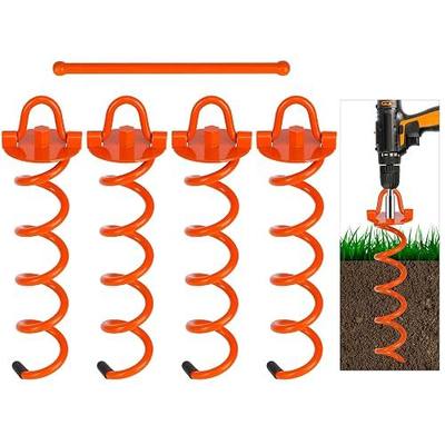 FEED GARDEN 12.2 Inch Spiral Ground Anchors Heavy Duty Screw in Spiral Stakes, 4 Pack Folding Ring Ground Stakes for Securing Dogs,Tents, Trampolines, Canopies, Swing Sets,Orange
