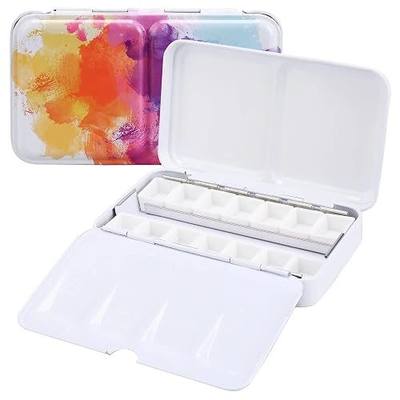 Empty Watercolor Palette, Empty Watercolor Tin with Fold Out Palette, Small Colorful Watercolor Tray Palette with 14 Empty Half Pans for Plein Air Painting and Sketching