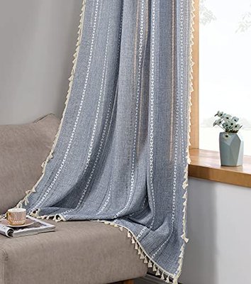 RoomTalks Boho Curtains for Bedroom Living Room 84 Inch Length Blue Country Farmhouse Cotton Polyester Window Curtain Panels Embroidery Striped Bohemian Tassel Draperies (84’’L x 52’’W, Blue)