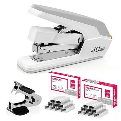 Deli Effortless Desktop Stapler, Heavy Duty Stapler, 40-50 Sheet Capacity, One Finger, No Effort, Includes Staples & Staple Remover, White