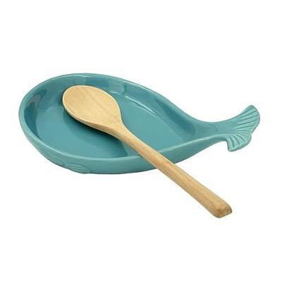 Ceramic Whale Spoon Rest for Kitchen with Wooden Spoon