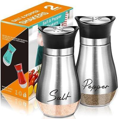 Salt Shakers and Pepper Set,4 oz Glass Bottom Salt Pepper Shaker with Stainless Steel Lid for Kitchen Gadgets Cooking Table, RV, Camp,BBQ Refillable Design (Silver)