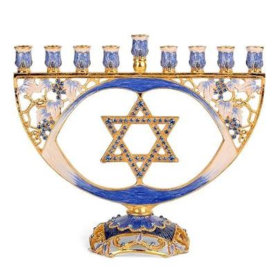 Hanukkah Menorah - Fits All Standard Chanukah Candles - Modern Jeweled Candle Menorahs for Chanukah - Blue Traditional Star - Ner Mitzvah