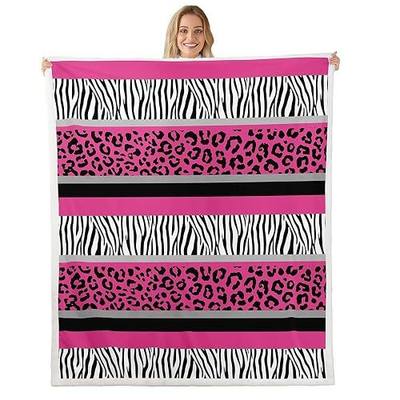 Zebra Stripes Sherpa Blanket with Leopard Print - Pink Black White Ultra Soft Plush Throw for Kids Girls - Wild Animal Skin Fuzzy Decor for Sofa Bed Couch - Queen 90x90 Inch